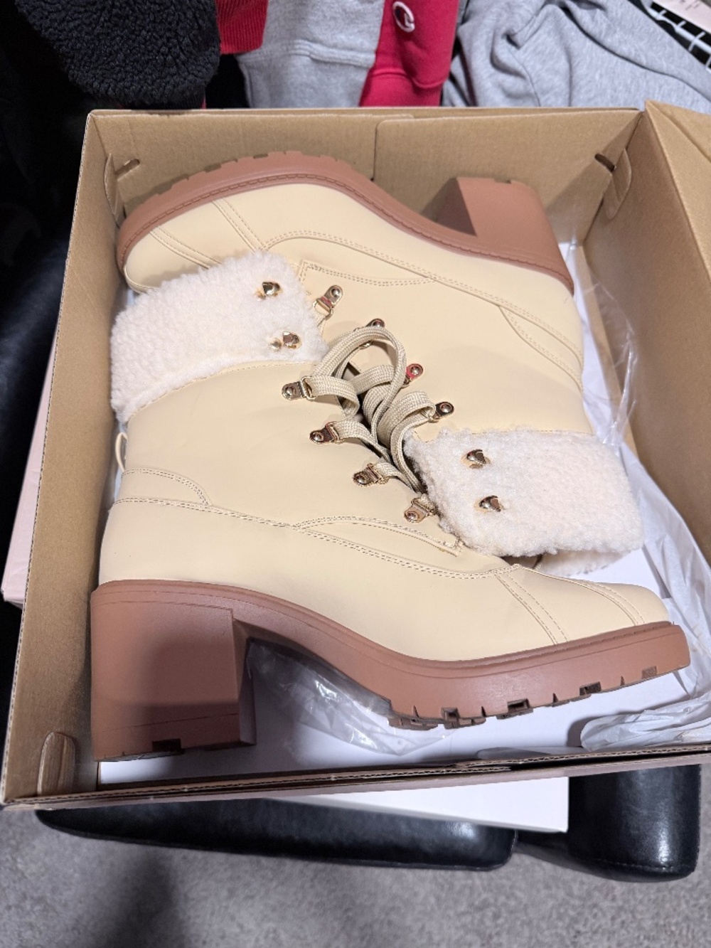Cream Chunky Heel Boots with Fur Trim